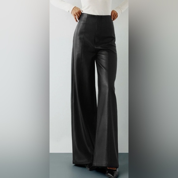 Pants - Elegant Black Wide-Leg PU leather Pants